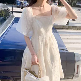 Dresses French Vintage Casual Fairy Dress Female Onepiece Dress Korean Puff Sleeve Lace Sexy Party Midi Dresses Women's Summer 2021 New