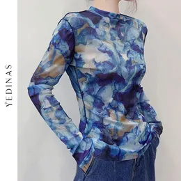 T-Shirt Yedinas Blue Tie Dye Long Sleeve Tshirts Women Personality Painting Printed See Through Mesh Tee Shirts Sexy Slim Designer Tops