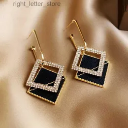 Stud Luxury Trend Black Color Geometric Double Square Hoop Earrings for Women Korean Fashion Statement Rhinestone Earring Jewelry YQ231128