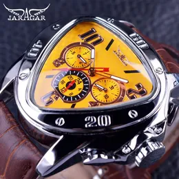 Orologi da polso Jaragar Sport Fashion Design Cassa a triangolo geometrico Cinturino in pelle marrone 3 quadranti Orologio da uomo Orologio automatico di lusso di marca superiore 231128