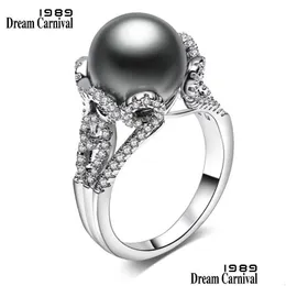 Cluster Rings Dreamcarnival1989 Brand Grey Big Synthetic Pearl With White Cubic Zirconia Flower Bague Luxury Party For Women Wa11564 Dhdpm