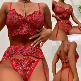 Bras Sets 3-Piece Bra And Panty Set Women Underwear Lace Lingerie Red See Through Thong Floral Embroidery Transparent
