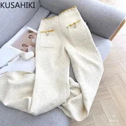 Frauen Zwei Stück Hosen KUSAHIKI Frauen Frühling Herbst Woolen Breite Bein Koreanische Mode Elegante Hohe Taille Lange Hosen 2023 Hose pantalones 231129