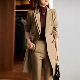 Zweiteilige Damenhose, Khaki, formelle Hosen-Sets für Damen, lässig, zweireihig, langer Blazer, Hosenanzüge, Büro-Damenjacke, 2-teiliges Set 231129