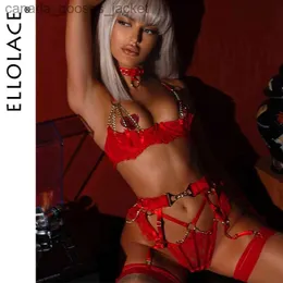 Set sexy Ellolace Fancy Lingerie Luxury Lace Push Up Mezza coppa Reggiseno con catena Hot Sexy Rosso Biancheria intima delicata San Valentino Sissy Intimo L231129