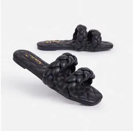 Kapcia WHNB Podwójne paski Tkane zjeżdżalnie z wyściełaną torbą łańcuchową Płaskie buty skórzane letnie sandały Panfole Donna Chanclas