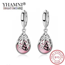 Yhamni Original 925 Sterling Silver Round Opal Stone أقراط كبيرة للنساء للأزياء المزاجية Moonstone Brinco LVES6568304G