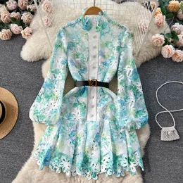 Casual Dresses 2023 Women Fashion Dress Emboridery Hollow Out Lace Patchwork Stand Collar Long Sleeve Spring Autumn Slim Fit Mini Dress For Lady