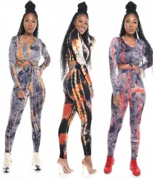 Women Winter Tracksuits Tie Dye Print Sports Suits Sexy Track Suits Multi Two Piece Outfits Long Sleeve Short Crop Top Long Pant S7980646