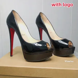 Luxury Brand High Heels Shoes Peep Toes Platform Red Shiny Bottom 12cm 14cm 16cm Super Heel Nude Black Patent Leather Dress Shoes with Dust Bag Size 35-45