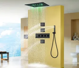 Gebürstetes Regen-LED-Duschsystem-Set, 4040 cm, Deckenmontage, rechteckig, großes Badezimmer, luxuriöser Nebelregen, Messing, Thermostat 6039350