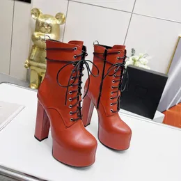 Botas clássicas de couro botas de salto alto 14,5 cm de espessura à prova d'água plataforma aumentar botas de tornozelo cabeça redonda moda luxo sapatos femininos designer sapato fábrica caixa de sapato