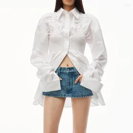 Vestidos Casuais 2023 Outono Temperamento Pendulares Simples E Versátil Decote Único Cintura Elástica Plissada Mini Camisa Branca Vestido Feminino