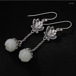 Kolczyki Dangle Oryginalne Hetian White Jade Lotus Long Chinese Retro Light Luksusowa marka damskiej srebrnej biżuterii