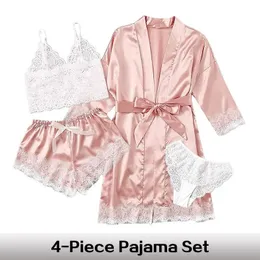 Sexy Pyjama s Summer Pajama Pants Set 4 Pieces Lace Satin With Silk Sleepwear Robe Fashion And Comfortable Nightwear 231129