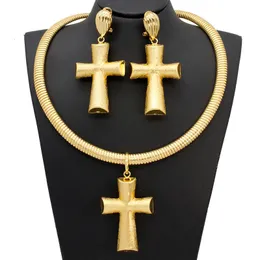 Wedding Jewelry Sets Nigerian Gold Plated Set African Cross Drop Earrings Pendant with Choker Chains Solid Necklace Jewellery 2PCS 231128
