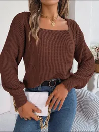 Women's Sweaters Autumn Winter Sweater For Female Fashion Casual Solid Color Square Neck Twist Design Lantern Sleeve Knitted Pullover Blouse