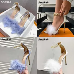 Sandaler Nya söta stiletto klackar Sandaler Metal Decoratio Women's Zipper Party Pu Shoes Fashion Trend Faux Fur Summer 35-41 230316