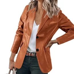 Damen-Blazer aus Lederimitat, langärmelig, einreihig, Pattentaschen, modisches Revers, Damen-Business-Anzugjacke, formelle Anlässe 231129