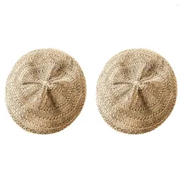 Berets 2pcs Spring Summer Beret Hat Vintage Hollow-out Vacation Woven Travel Casual (Khaki)