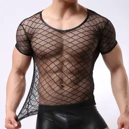 Men's T Shirts LUCLESAM Men's Plaid Rhombus Mesh T-shirt O-neck Short Sleeved Underwear Slim Fashion Casual Sexy Clothing