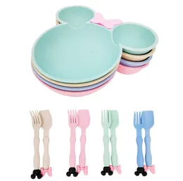 Cups Dishes Utensils 3pcs Wheat Straw Baby Cartoon Tableware Set Children's Dishes Kids Dinner Platos Baby Feeding Plate Training Bowl Spoon Fork P230314