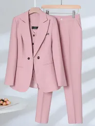 Женские брюки из двух частей Женская мода Комплект из 3 предметов Формальный пиджак Жилет и брючный костюм Элегантный темно-розовый абрикосовый офисный женский деловой костюм для работы и карьеры 231129