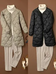 Mulheres para baixo parkas xlong leve pato branco manter jaquetas quentes chegadas coreano fino ajuste vneck forro casacos femininos 231129