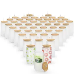 Sublimation 16oz Water Bottles with Bamboo Lid Reusable Straw Beer Can Transparent Frosted Glass Tumbler Soda Can Cup