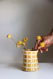 노란색 꽃병 | 레트로 현대 | 체크 무늬 꽃병 | 세라믹 꽃병
