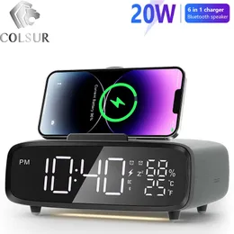 VR AR Devices 20W Wireless Charger Alarm Clock Dual Digital Bluetooth S er Bedroom Temperature Display Brightness Adjustable Night Light 231128