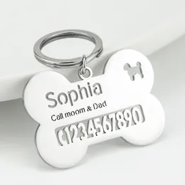 Chaveiro com nome personalizado em aço inoxidável projetado com número de telefone de contato de osso chaveiro pingente para animais de estimação