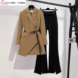 Zweiteilige Damenhose, Gürteldekoration, asymmetrische, schmale Jacke, Blazer, lässig, ausgestellter Zweiteiler, eleganter Damenanzug, Büroleiter-Outfits 231128