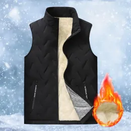 Coletes masculinos com zíper bolso colete quente veludo premium inverno grosso acolchoado pelúcia gola à prova de vento encerramento final