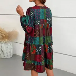 Abiti casual Woemn Autunno Primavera Abito Patchwork Stampa Manica lunga Bohe Girocollo Allentato A-line Volant Grande altalena sopra il ginocchio Mini