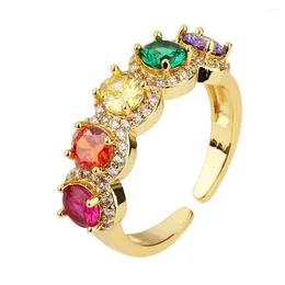 Anillos de racimo Cubic Zirconia Anillo abierto para mujeres Micro Pave Zircon Ajustable Cobre Corte redondo Colorido CZ Joyas de moda Anillo Regalo