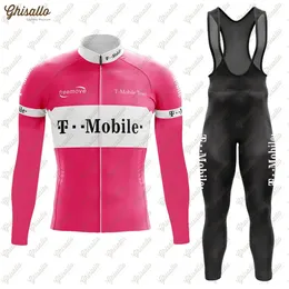 Cykeltröja sätter rosa retro triathlon set vinter termisk fleece tunna långärmad kläder mtb cykelkläder kostym 231128