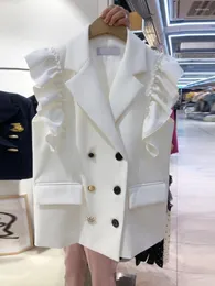 Kvinnors kostymer White Blazers Feminino ärmlös dubbelbröst midja Kvinnor Spring Ol Chic Flying Sleeve Vest Chaleco Mujer Jacket