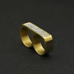 Anello da uomo con doppio dito Gioielli hip-hop di moda Anelli in oro ghiacciato in acciaio inossidabile di alta qualità264N