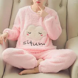 Women's Sleepwear High-quality Coral Velvet Suit Cozy Winter Pajama Set Striped Color Matching Cartoon Print Thickened Fleece Soft For Women