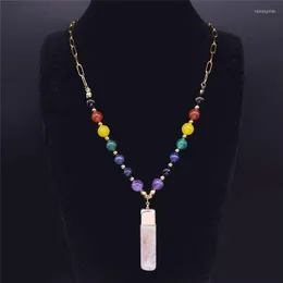 Pendant Necklaces Big Long 7 Color Chakra Natural Stone Stainless Steel Chain Women Gold Necklace Jewelry Colgante N2S04