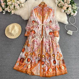 Casual Dresses 2023 Fashion Runway Spring Maxi Dress Women New Design Floral Printed Long Sleeve Single Breasted Casual Belt Long Vestidos