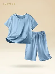 Pajamas Solid Mist Blue Children's Real Silk Home Pajamas مجموعة الصيف الصيفية القصيرة الأكمام الحريرية الحقيقية.