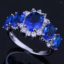 Cluster Rings Pleasant Oval Blue Cubic Zirconia White CZ Silver Plated Ring V0410