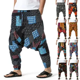 Calças harem calças dos homens hippy hippe algodão boêmio vintage yoga impressão étnica retalhos harem calças om remendo calças