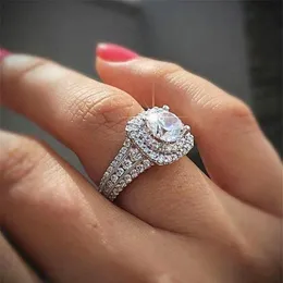 Tamaño 6 7 8 9 10 Joyería de lujo Plata de ley 925 Corte redondo Topacio blanco CZ Diamante Piedras preciosas Pave CZ Fiesta Mujeres Boda Engageme222l