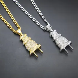 Iced Out Bling Men Micro Pave Full Rhinestone Plug Pendant Necklace Gold Silver Plated Charm Cuban Chain Hip Hop Jewelry259h