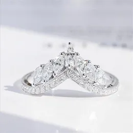 Size 6-10 Luxury Jewelry Real 925 Sterling Silver Crown Ring Full Marquise Cut White Topaz CZ Diamond Moissanite Women Wedding Ban303u