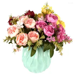 Flores decorativas Artificial 7 Heads Pink Silk Tea Rose PEONY FLOR FALSO PARA ACESSÓRIOS DO CASAMENTO DE CASAMENTO DO HOME GARDEN