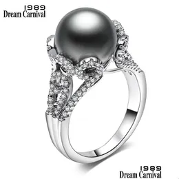 Anelli a grappolo Dreamcarnival1989 Marchio grigio grande perla sintetica con zirconi bianchi fiore Bague festa di lusso per le donne Wa11564 Dh2Iz